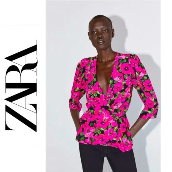 Zara Tops - Zara Hot Pink and Black Floral Puff Shoulder Wrap Blouse. Size L. NWT!